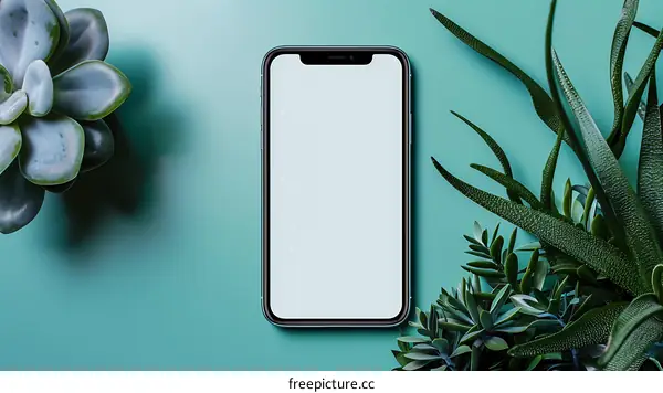 Minimalist Phone Mockup with Succulents on Blue Background