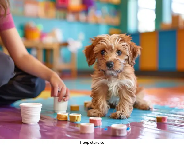 A cute puppy sits on the floor while a person plays with it