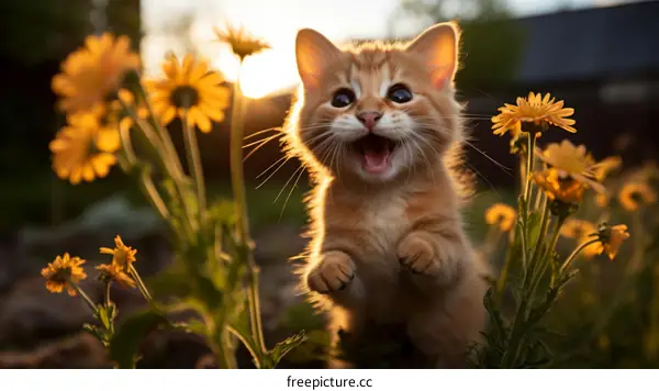 Cute Orange Kitten in a Field of Yellow Flowers