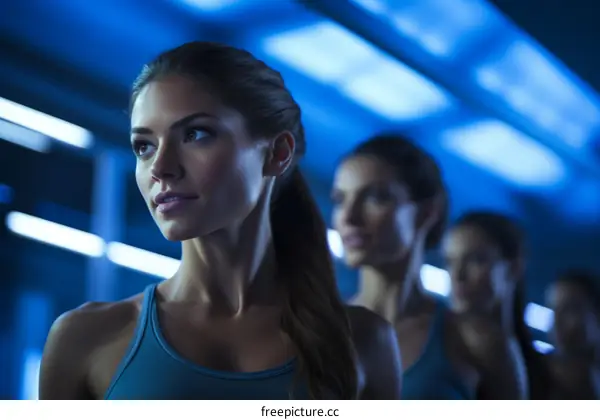 Four athletic women standing in a row looking forward