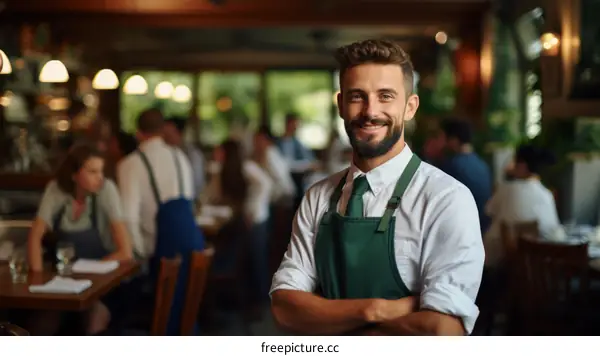 Portrait of a happy waiter in a busy restaurant