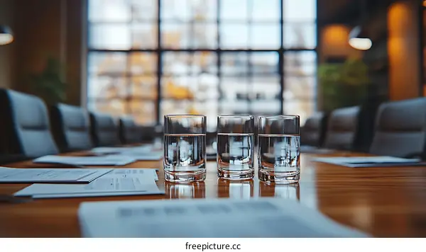 Meeting Room Table with Water Glasses and Documents