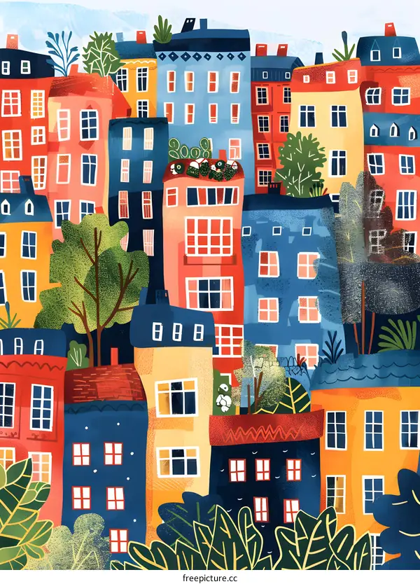 Colorful Cityscape with Houses and Green Trees