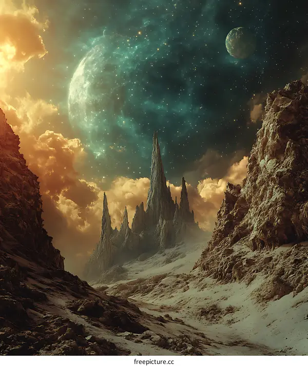 Fantastic Landscape With Starry Sky and Two Planets