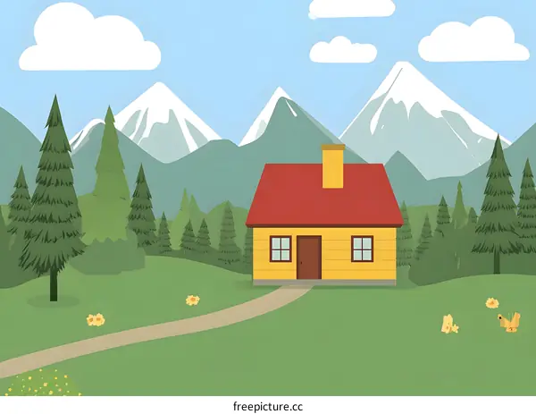 Yellow House in Mountain Landscape Illustration