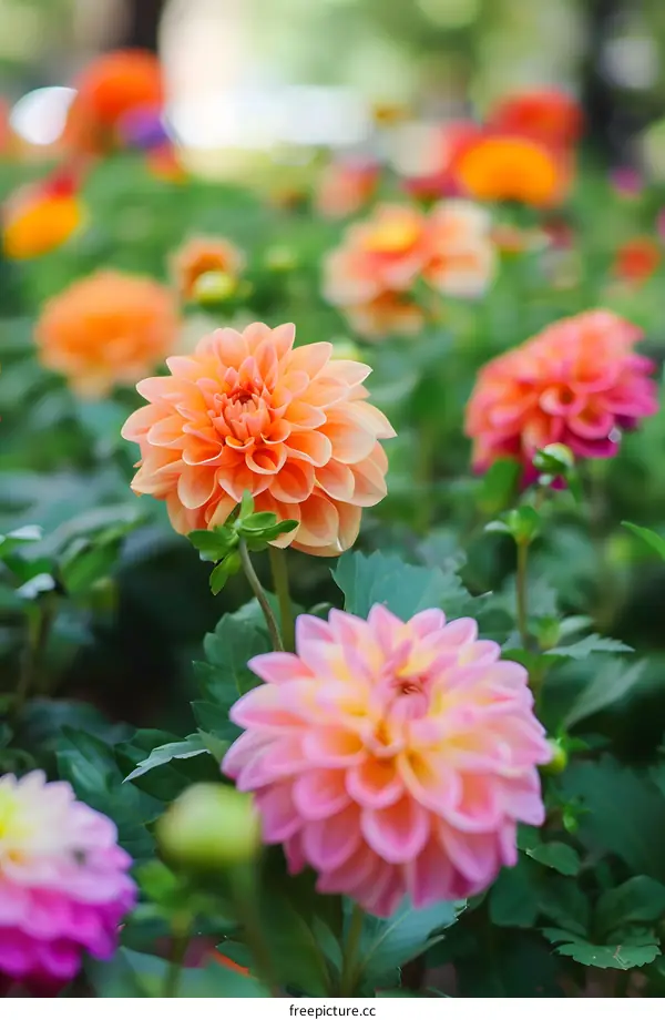 Close Up Of Peach And Pink Dahlias In Bloom