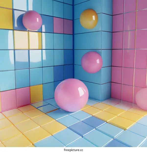 Abstract 3D Render of Colorful Geometric Shapes and Shiny Spheres