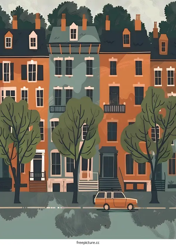 Cartoon Illustration of a City Street with Houses, Trees and a Car