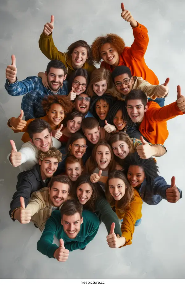 A group of diverse young people giving thumbs up