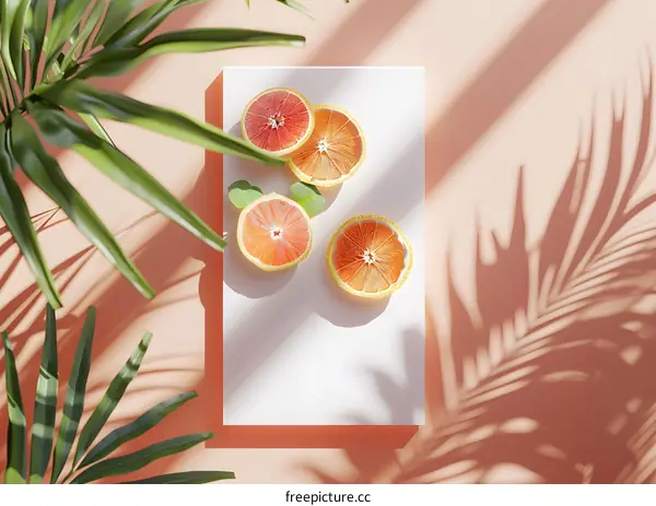 Orange Slices With Palm Leaves Minimalist Background