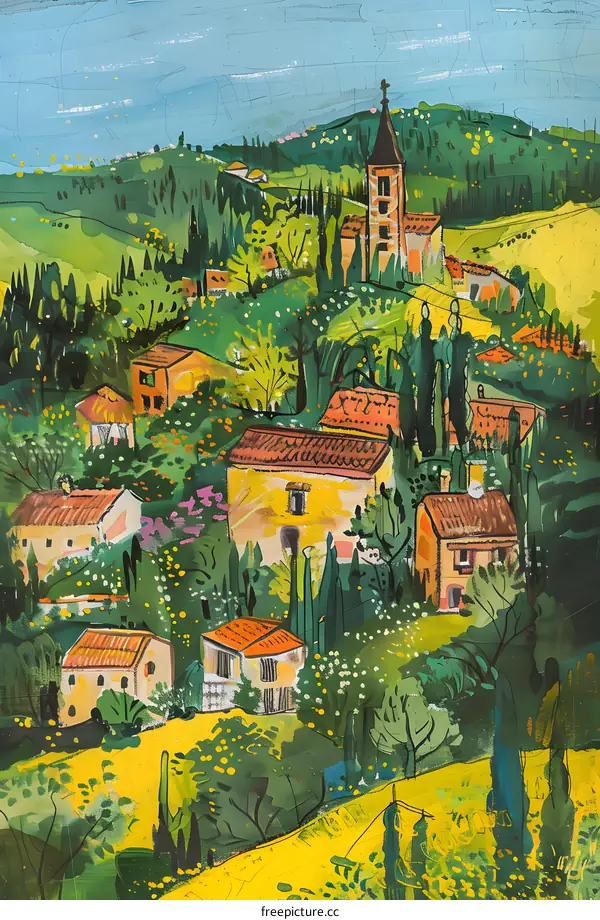 Watercolor Painting of a Village in the Countryside