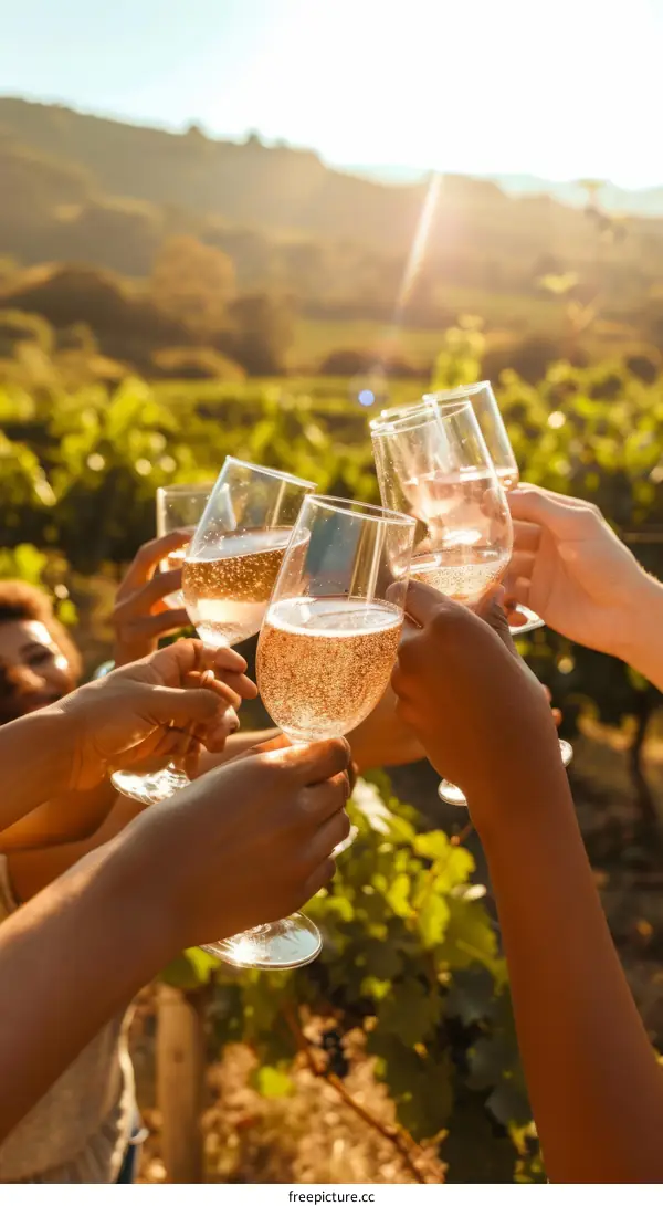 Friends toasting with champagne glasses in vineyard