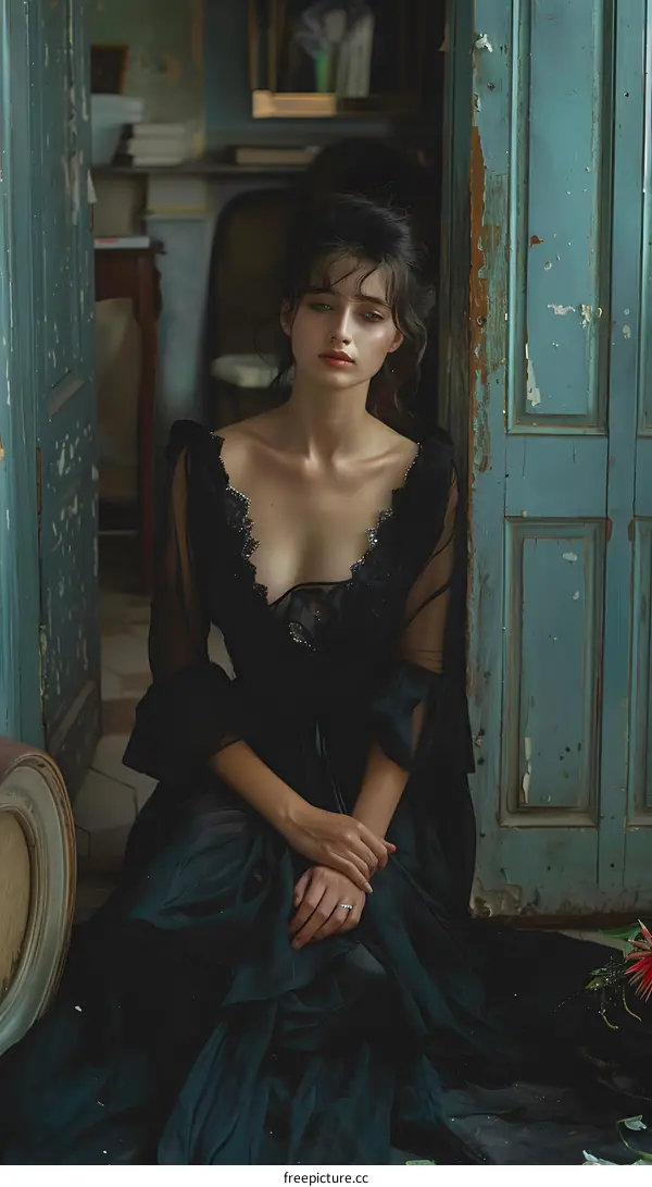 Portrait of a beautiful woman in a black dress sitting on the floor