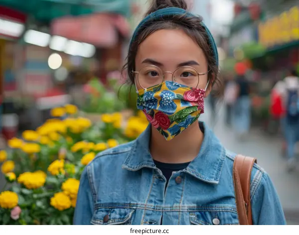 Portrait of a young woman wearing a mask in a busy market