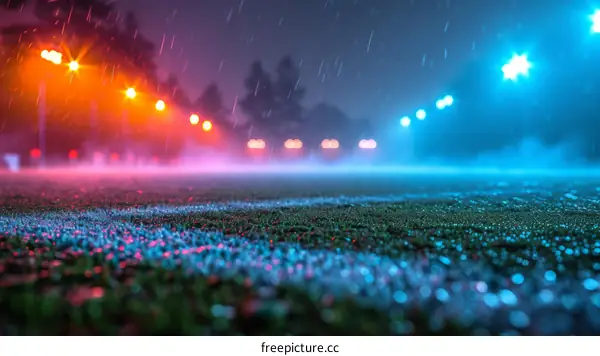 Raindrops falling on grass at night with blurry street lights in the background