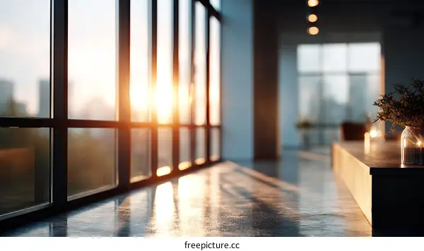 Modern Office Space with Large Windows at Sunset