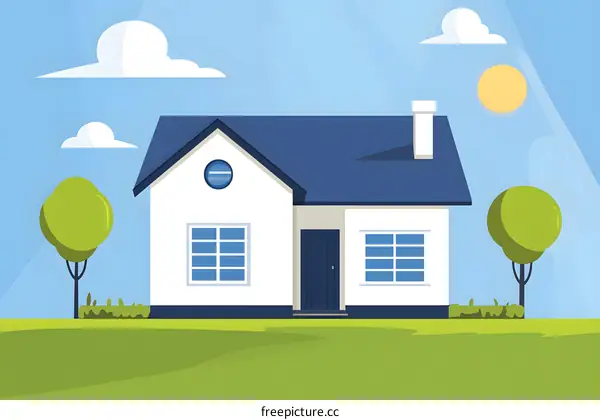 Cartoon Illustration of a House with a Blue Roof and Green Grass