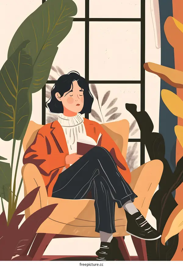 Woman Reading Book in Cozy Armchair