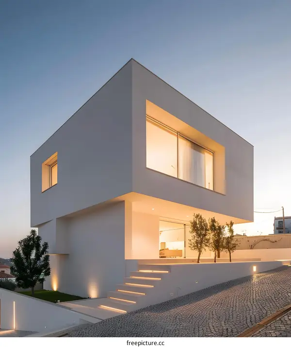 Modern White House with Large Windows and Stone Driveway