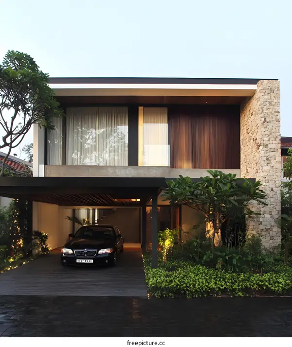 Modern House with Carport and Stone Wall