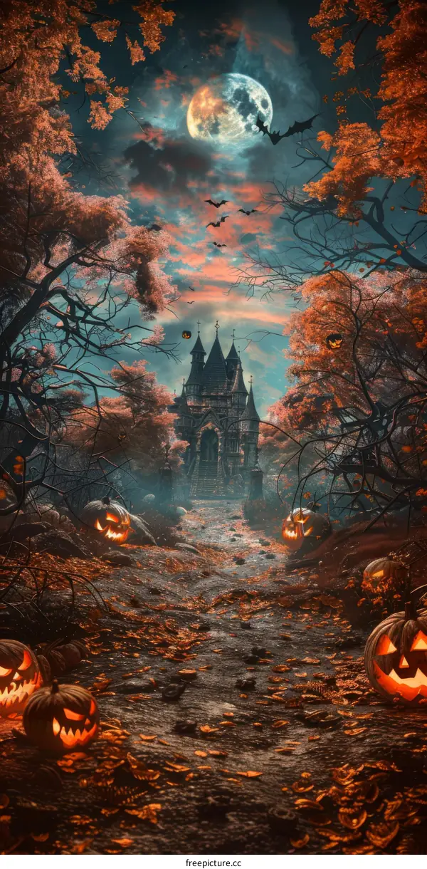 Spooky Halloween Scene with Haunted House and Pumpkins