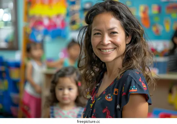 portrait of a smiling teacher with children in the background
