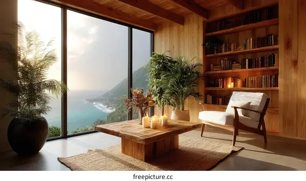 Modern Wooden Living Room with Ocean View