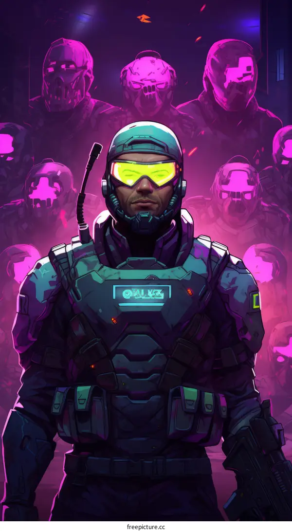 Futuristic soldier in armor confronting adversaries