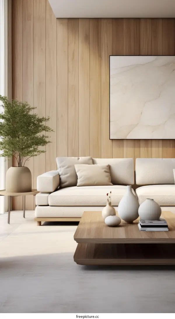 Airy and bright living room with neutral colors and natural materials