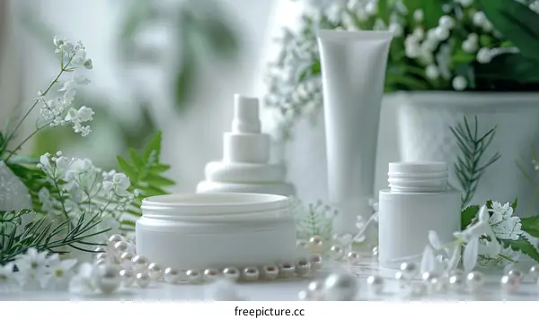 White Cosmetic Bottles and Jars with Pearls and Flowers