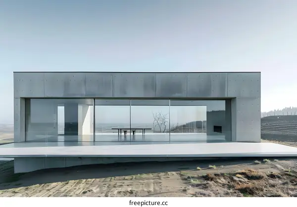 Modern Concrete House with Large Glass Windows and View of Landscape