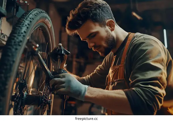 Man Working on Mountain Bike Rear Wheel