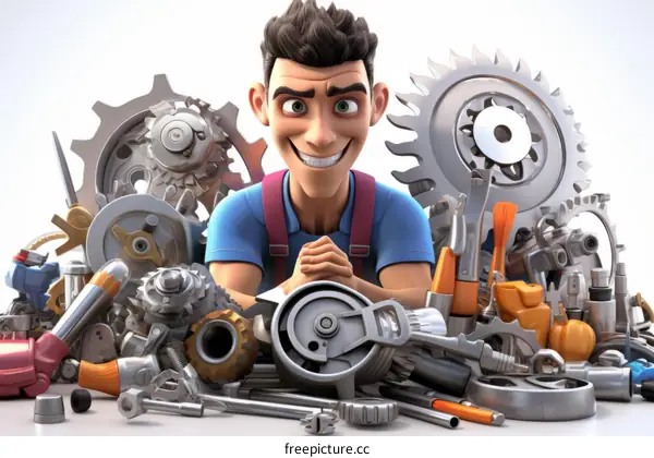 Happy repairman with pile of machine parts
