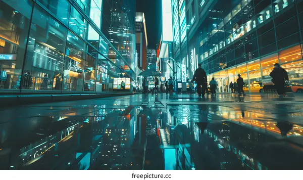 Night Cityscape with People Walking on Wet Pavement