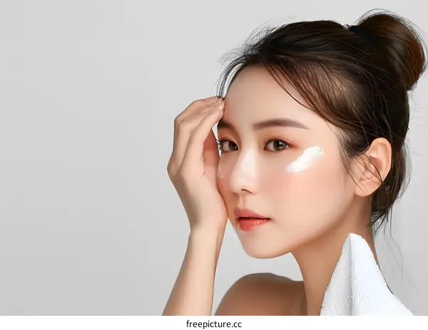 Asian Woman Applying Facial Cream Beauty Skincare