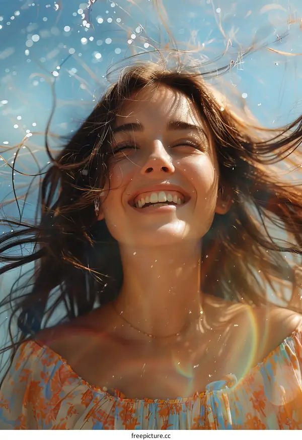 Portrait of a happy young woman with long brown hair and a bright smile