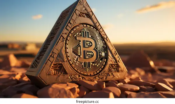 A golden Bitcoin pyramid in the desert