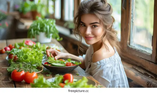 Young woman preparing a healthy salad in the kitchen