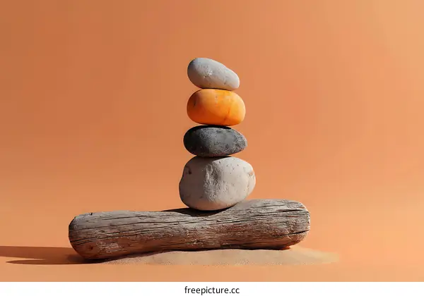 Stack of stones on a wooden log  Zen meditation art piece