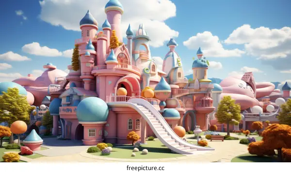 A whimsical digital illustration of a colorful and vibrant cityscape with a pink castle at the center