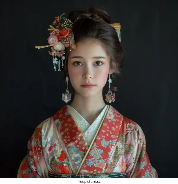 Portrait of a young woman in a kimono with traditional Japanese hairstyle and hair accessories.