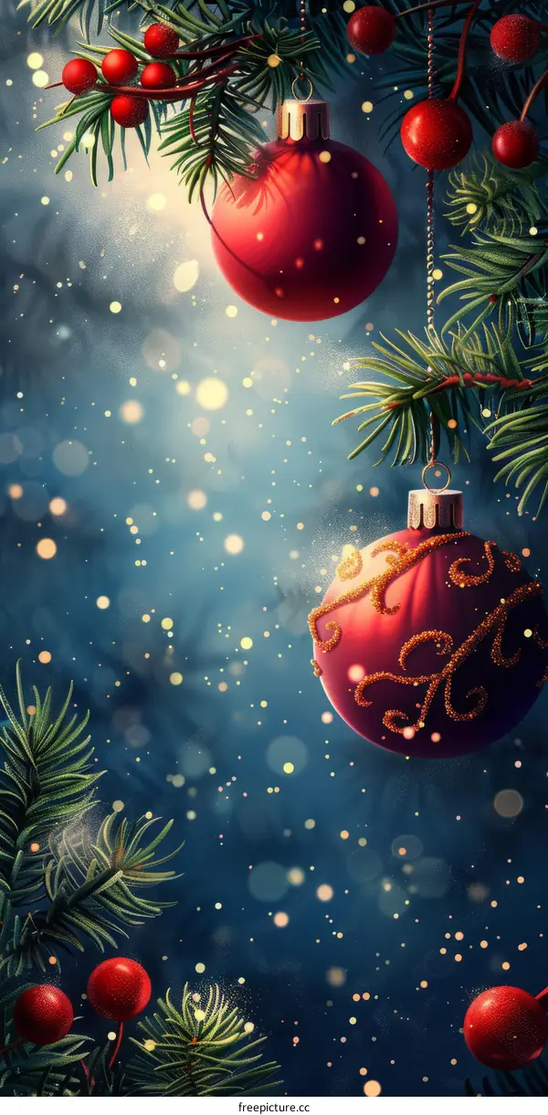 Christmas ornaments hanging on a snowy tree branch