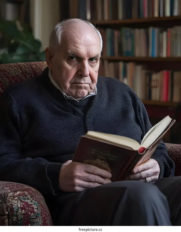 Elderly Man Sitting In Chair Reading A Book In A Library