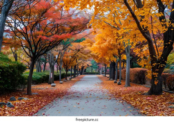 Autumn Path Through Golden and Red Trees