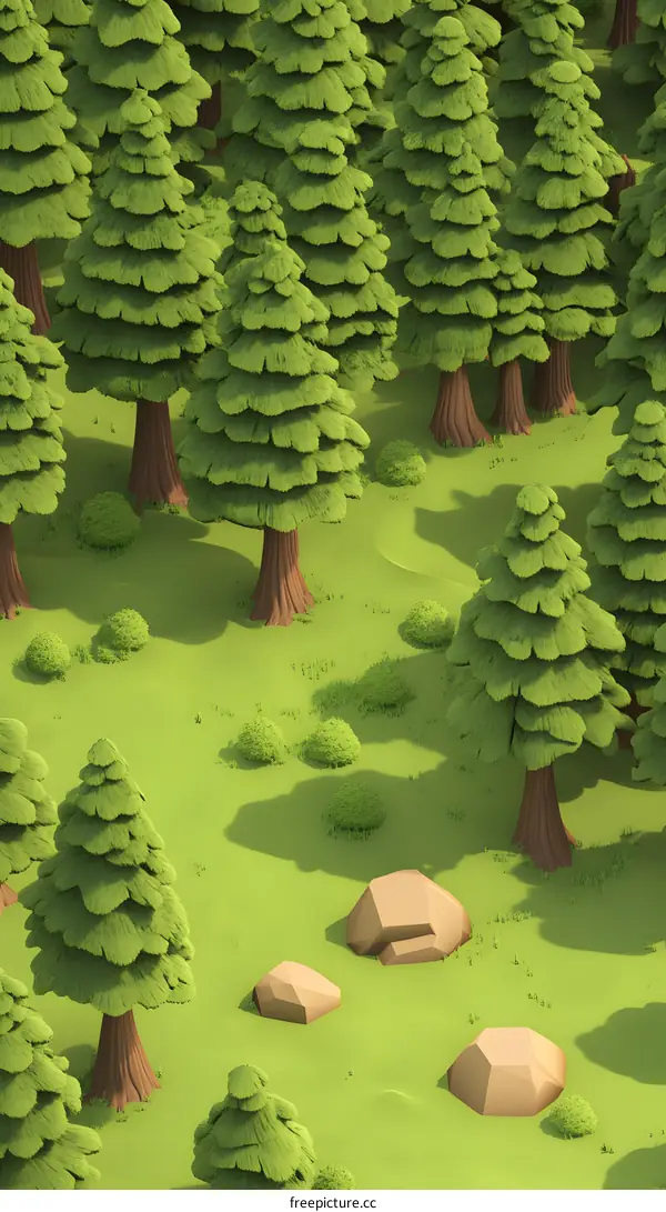 Low Poly Illustration of Green Forest with Trees and Rocks