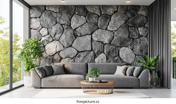 Modern Living Room with Stone Wall