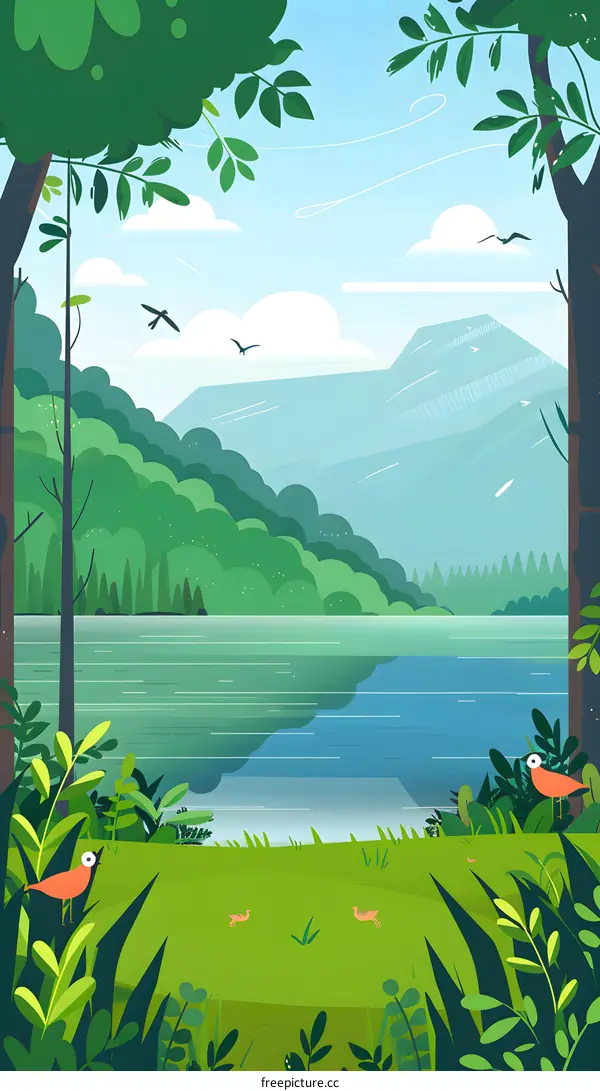 Green Landscape with Mountain and Birds