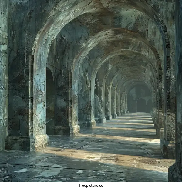 Long Dark Hallway with Stone Columns and Arches