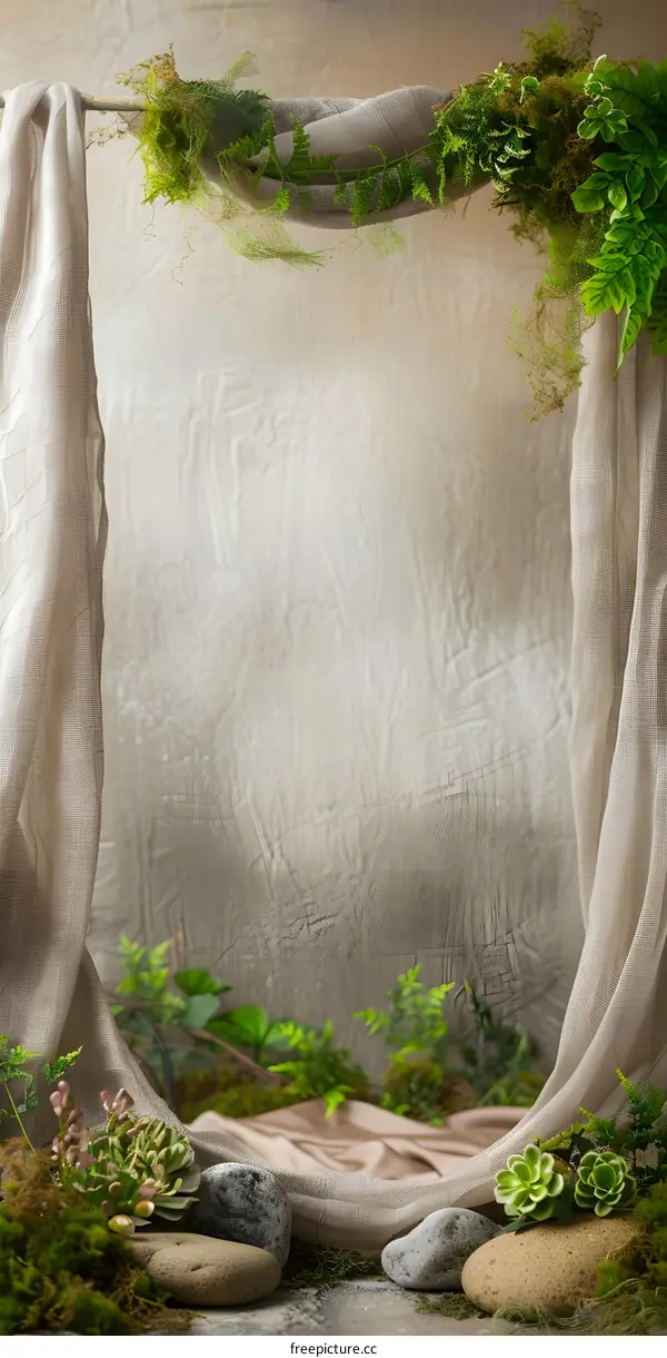 Nature Inspired Background with Greenery, Stones, and Fabric