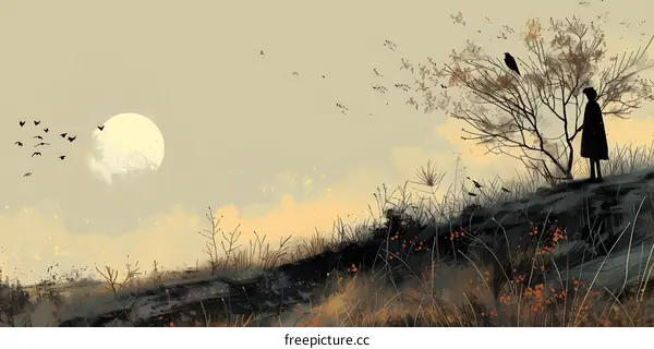 A lonely figure stands on a hilltop, silhouetted against the setting sun. A flock of birds flies overhead.